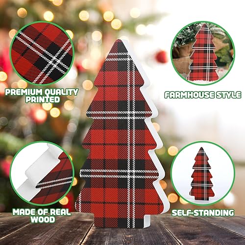 Vista 4 de 3 Pieces Wooden Christmas Tree Decor Buffalo Plaid Xmas Tiered Tray Ornaments for Christmas Home Tabletop Party Decor (Classic)