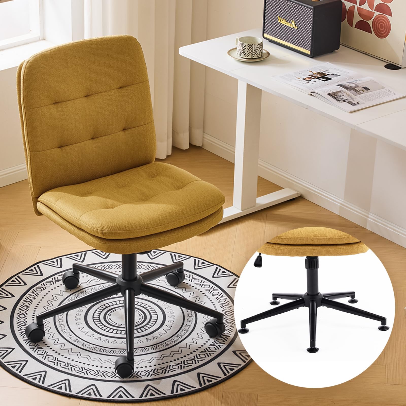 VINGLI Mid Back Armless Office Desk Chair with Wheels/no Wheels,360°Rocking Swivel Vanity Chair with Thickened Cushion,Adjustable Height Rolling for Reading Room, Make up, Linen Ginger Yellow