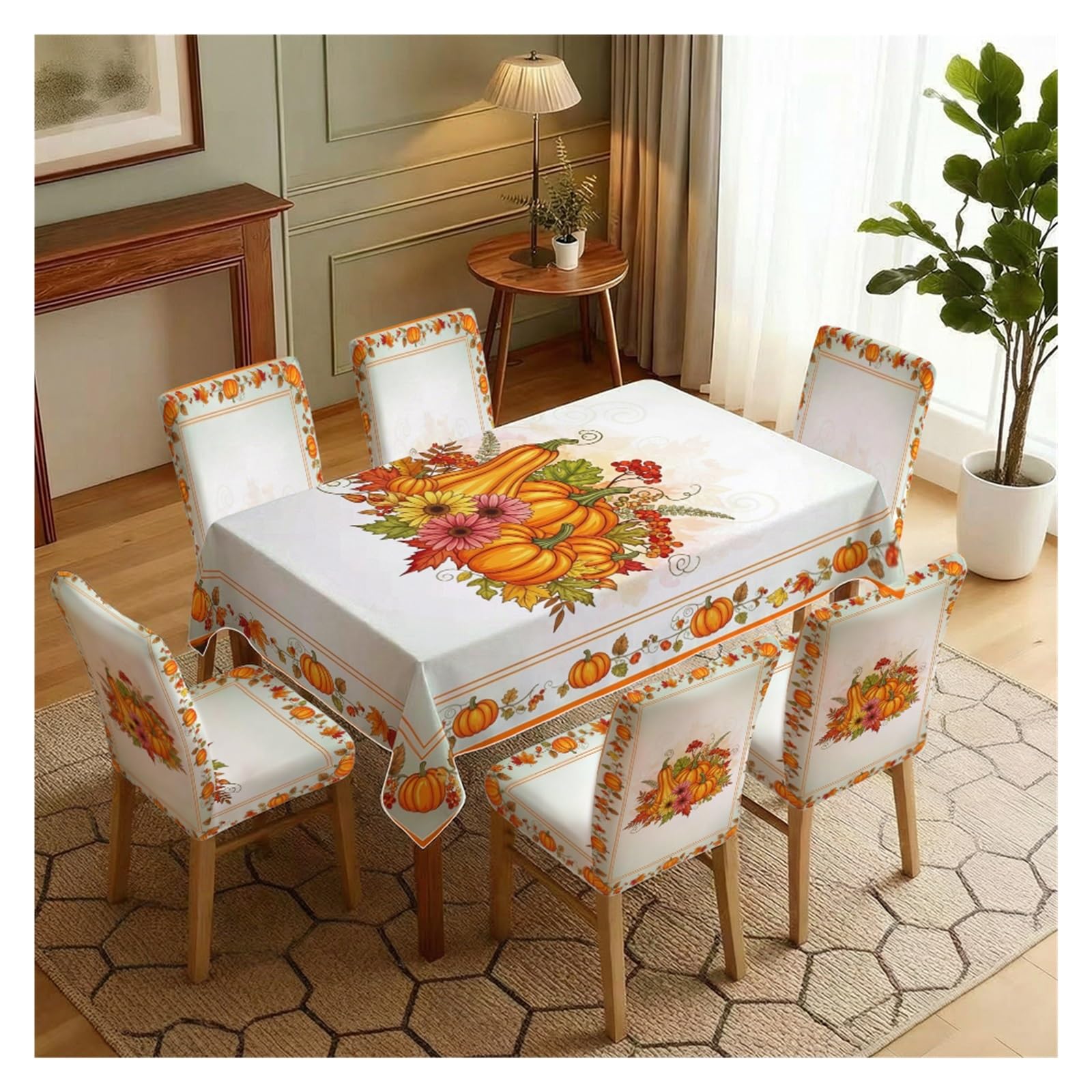 KXUAUV Autumn Pumpkin Maple Leaf Floral Pattern Print Stretch Dining Chair Slipcover & Tablecloth Set, Thanksgiving Fall Farmhouse Home Decor, 5/7 Pack Party Decor(7pcs Set: Tablecloth+Chair Covers)