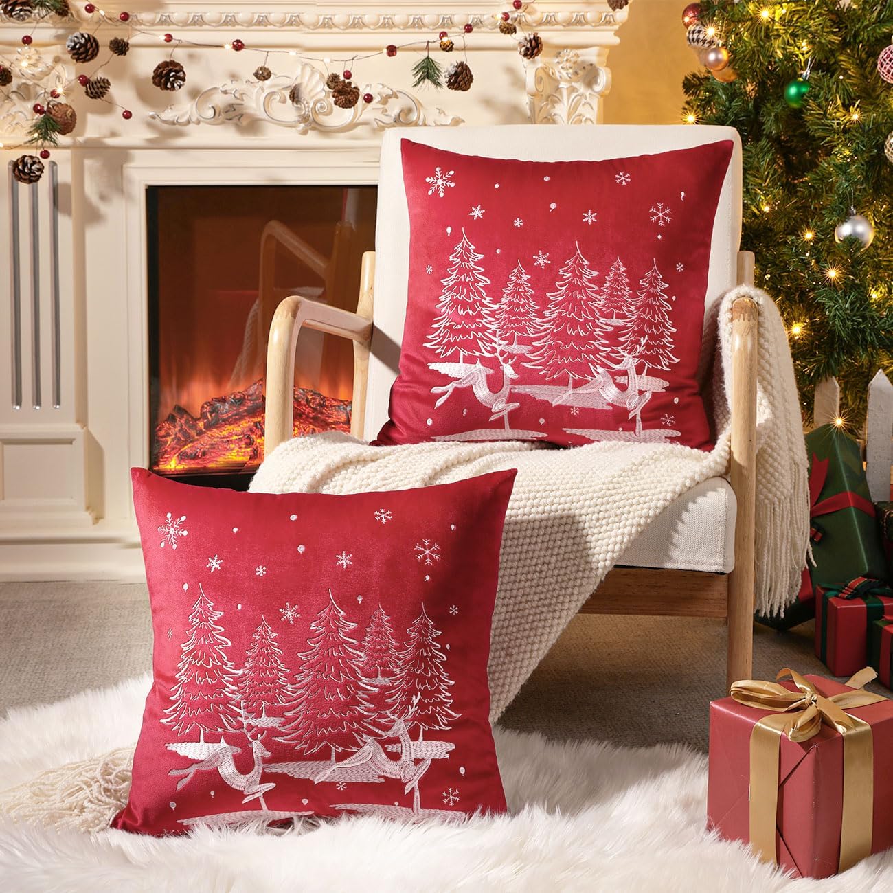 Lewondr Christmas Throw Pillow Covers Set of 2, 18 x 18 Embroidered Snowflakes Reindeer Xmas Tree Snowing Winter Throw Pillow Case Soft Cozy Velvet Decorative Square Pillowcase for Sofa Couch, Red