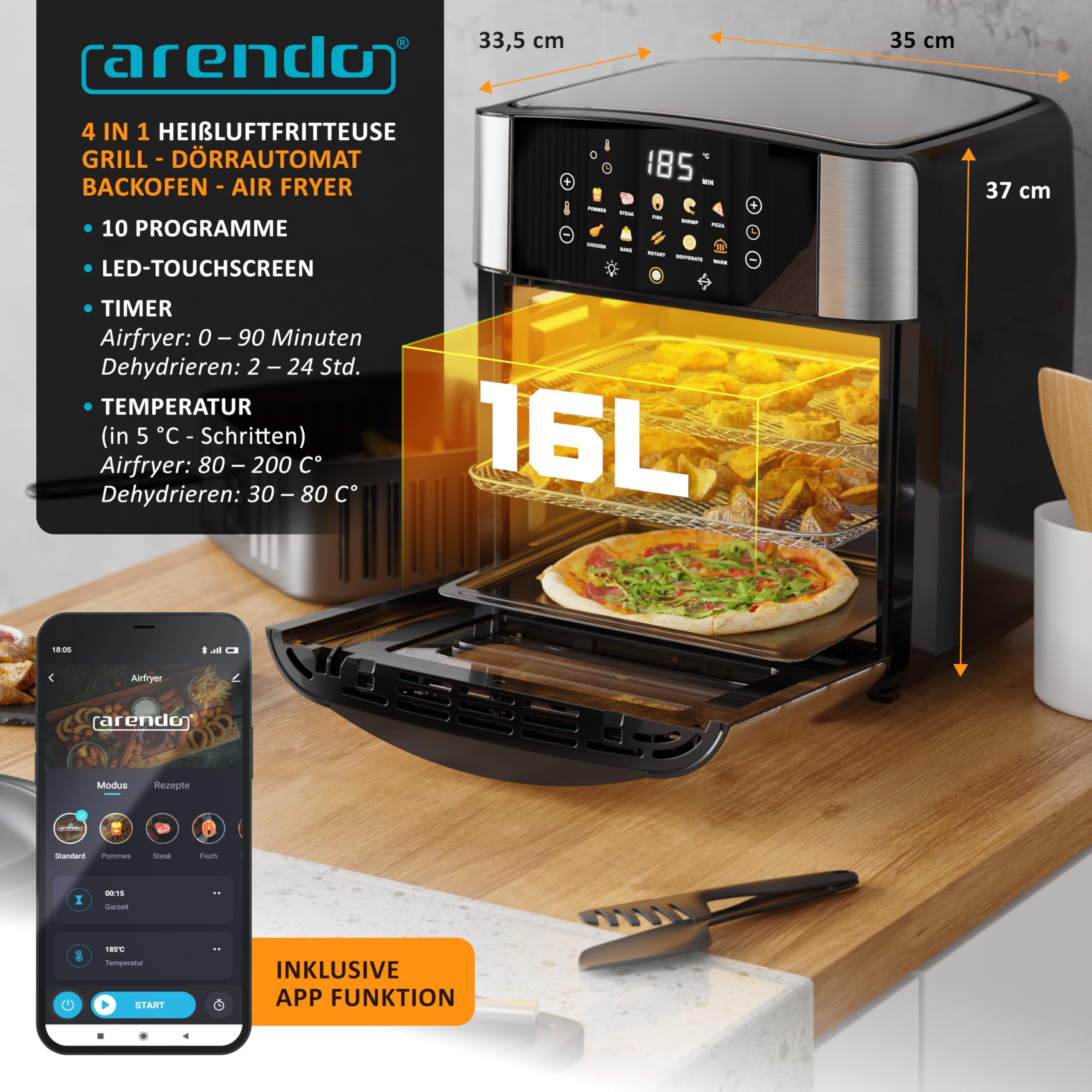Arendo - Wlan Heißluftfritteuse XXL 16 Liter - Smart WiFi mit App - extra Groß 16 Liter - Backofen Umluft - Grill - Dörrautomat - Air Fryer - Easy&Clean - Fritteuse ohne Öl - Pizza Hähnchen Pommes