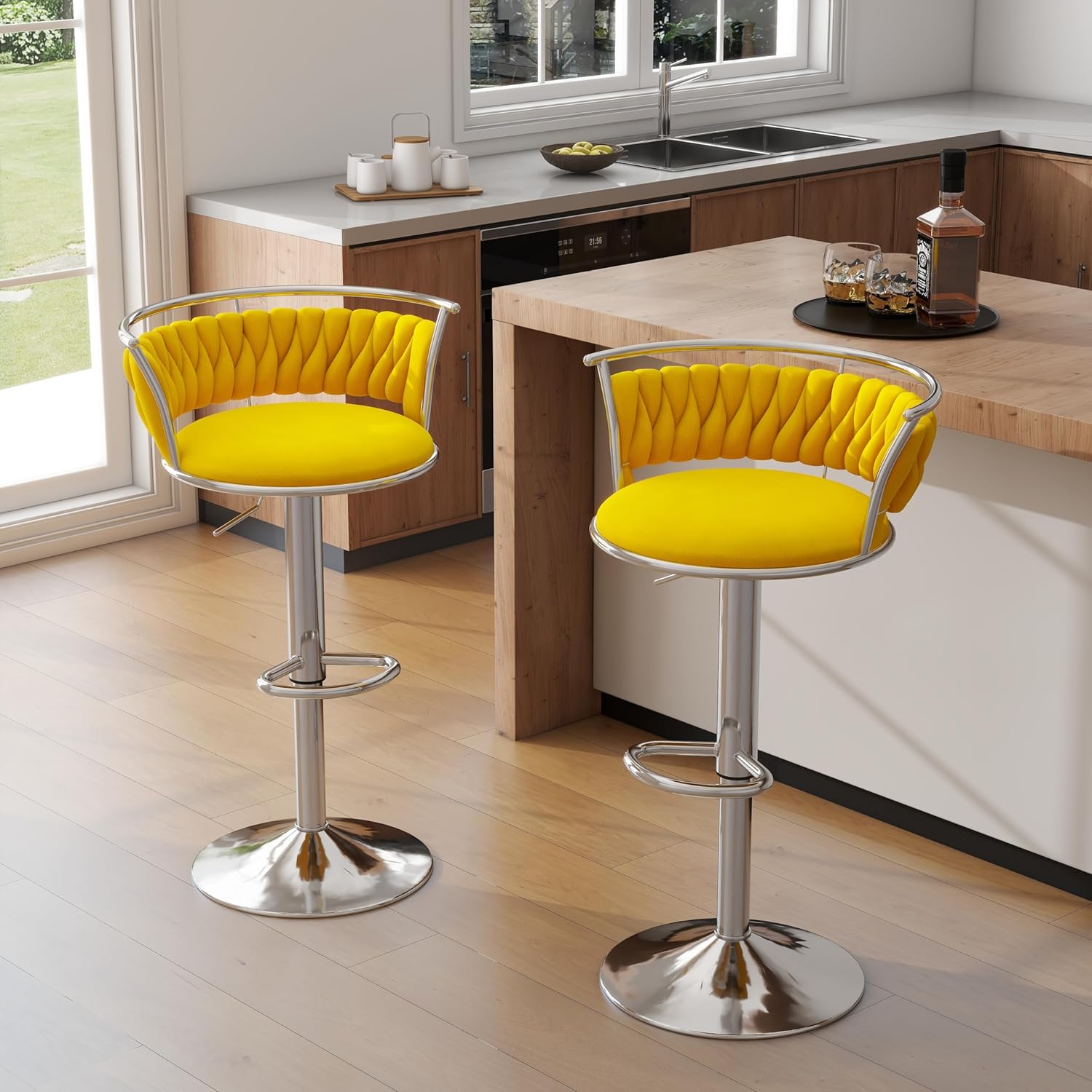 UIXE 360° Swivel Bar Stools Set of 2, Modern Adjustable Counter Height Velvet Bar Chair Silver Metal Stool, Comfy Kitchen Island Dining Chairs with Woven Back & Footrest for Cafe Pub (Yellow)