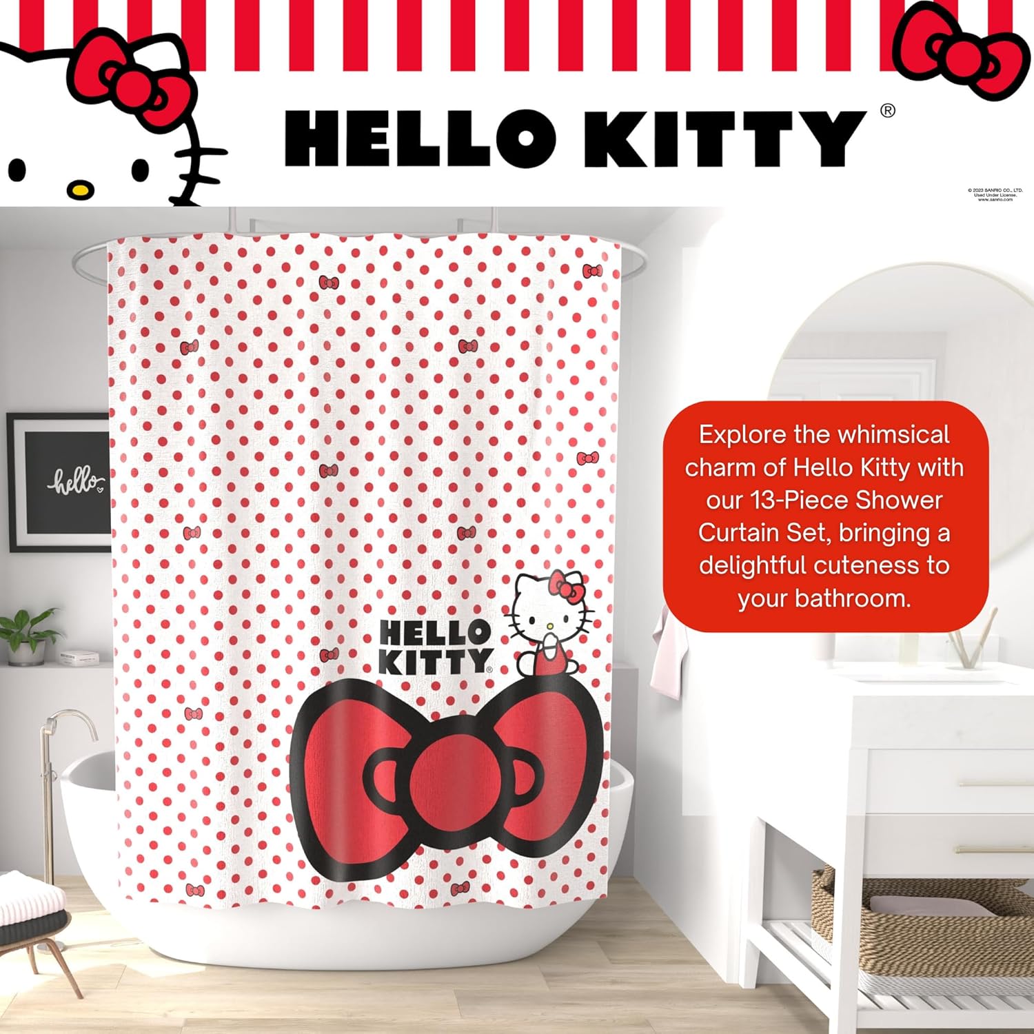 Sanrio Hello Kitty 13-Piece Shower Curtain Set, 72" x 70" Fabric Curtain with Hooks, Polka Dot Kawaii Bathroom Decor, Machine Washable, (100% Officially Licensed Product) by Franco Collectibles