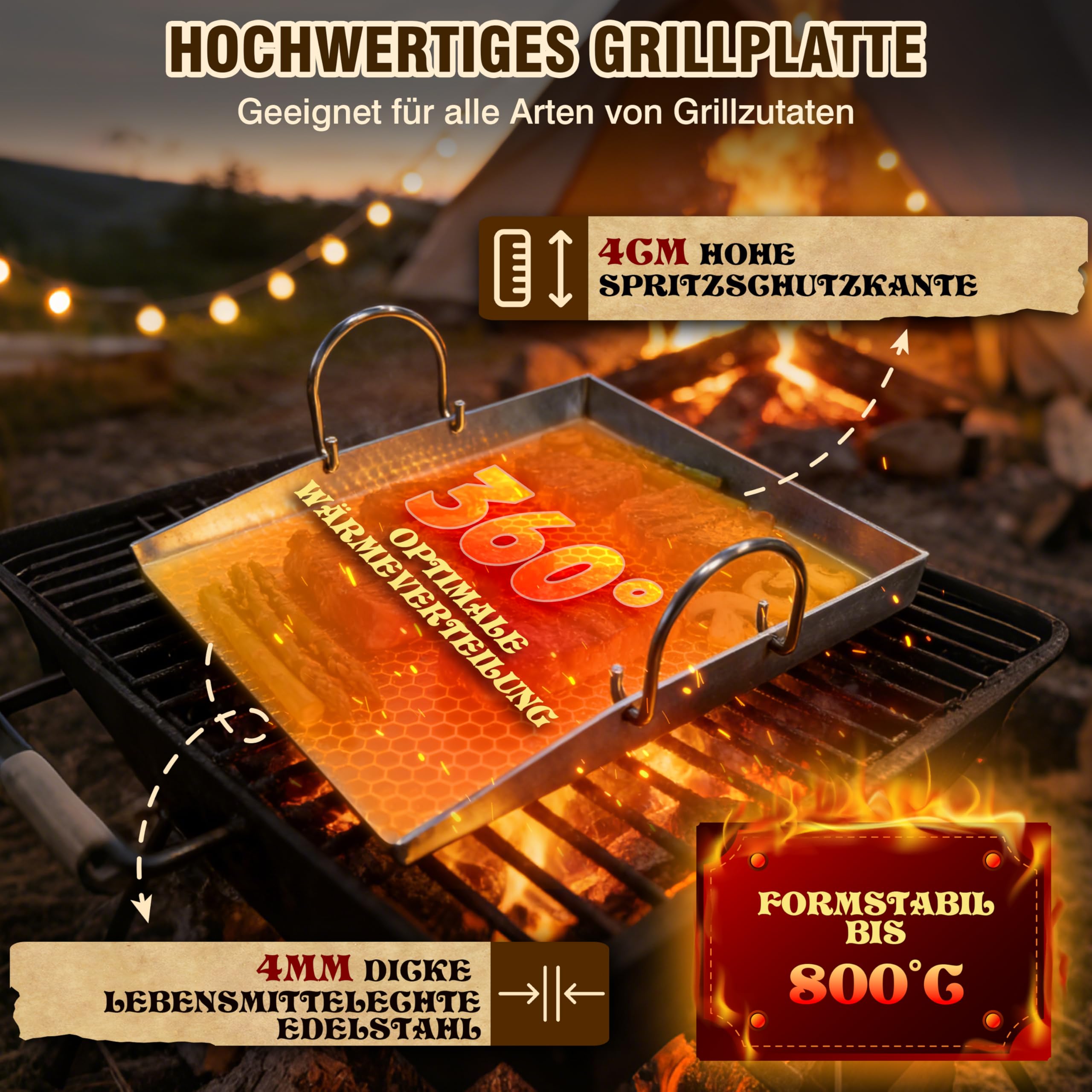 JONRRYIN Plancha Grillplatte Edelstahl [40 x 30cm], 4mm Massive Grillplatte Edelstahl mit Abnehmbarem Griff, Verzugsfreier Plancha Gasgrill mit Grillspachtel Set, Grillmatte für Gas- & Kohlegrill