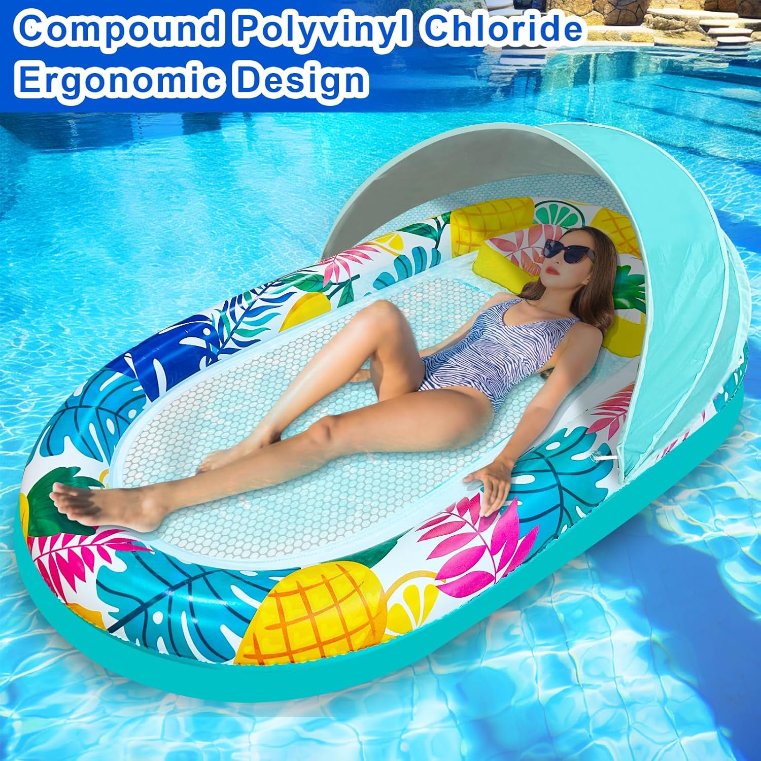 [Extra Large] Pool Floats Lounger Adult with Canopy, 70"x37" Inflatable Tanning Sofa Pool Floats with Headrest Adjustable Sun Shade Floats Hawaiian Luau Swimming Raft Floating for Lake, Beach, Party