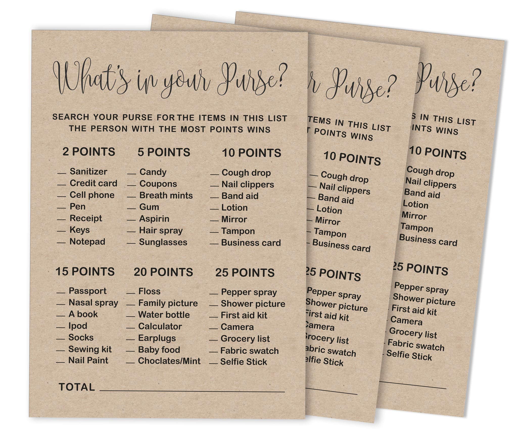 50-Pack Kraft Rustic Whats in Your Purse Bridal Shower Game Wedding Shower Bachelorette Party Bulk Activity Game Cards