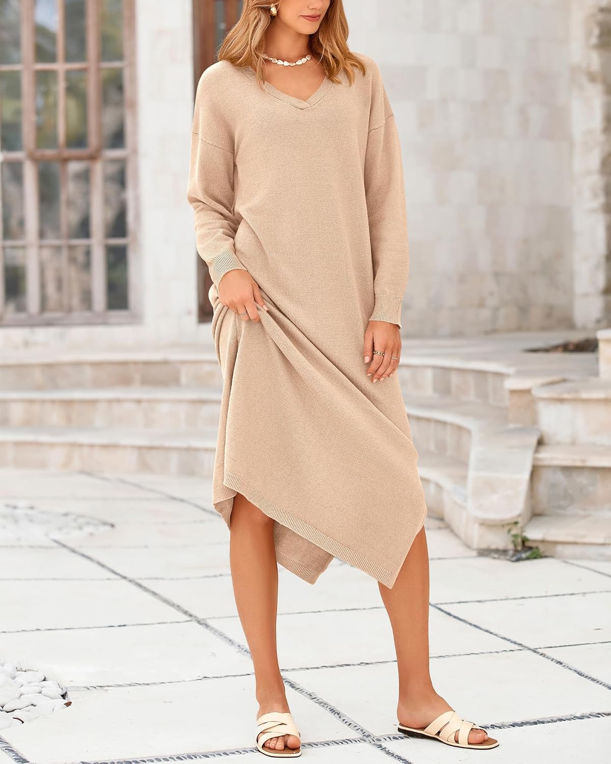 BTFBM Womens Fall Fashion 2025 Sweater Dress Casual V Neck Long Sleeve Slit Knit Oversized Sweaters Winter Maxi Dresses - Image 6