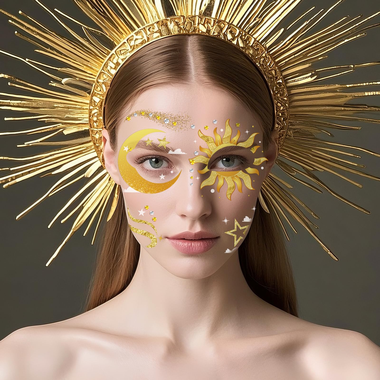 DPKOW Halo Sun Moon Goddess Temporary Tattoos with Face Gems Halloween Face Stickers Greek Goddess Fake Tattoos Accessories Makeup Halloween Carnival Cosplay Favours Adult Kids Women Rome Accessories - Image 3