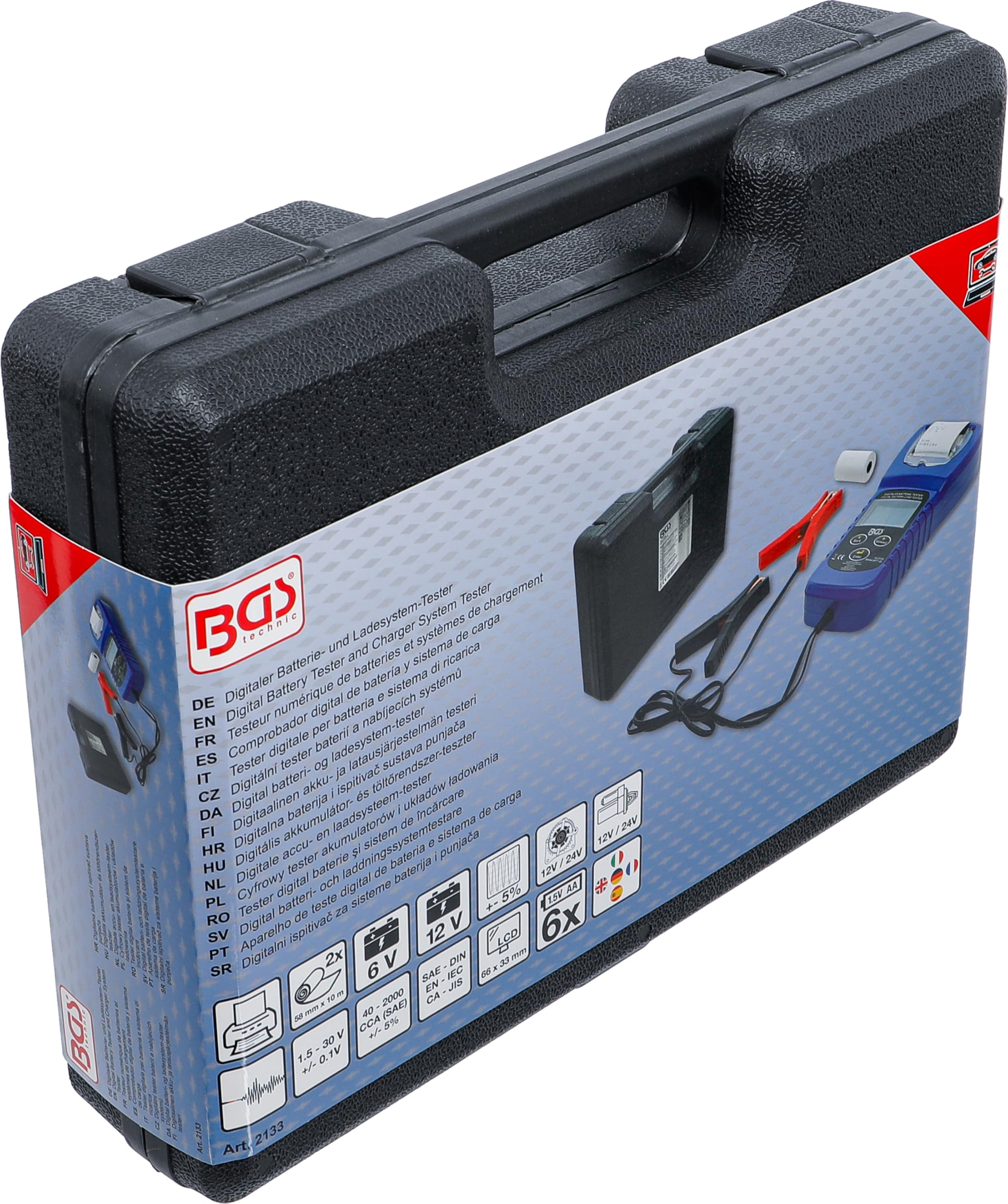 BGS 2133 | Digitaler Batterie- und Ladesystem-Tester | mit Drucker | Für 6 & 12 V Batterien | 12 & 24 V Anlass- und Ladesysteme | Spannungsbereich 1,5 - 30 V | SAE, DIN, EN, IEC, CA, JIS