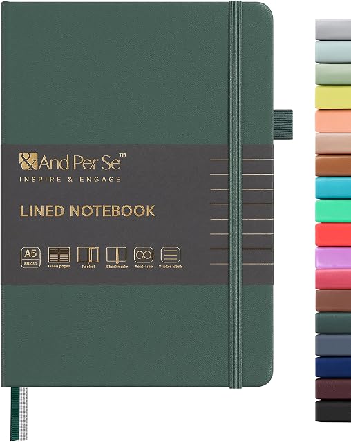 And Per Se A5 Lined Notebook - 160 Pages 100 GSM Thick Paper, Hardcover LAY-FLAT Journal with Pocket & 2 Bookmarks, for Writing, Office, School, College Ruled Notebook (1 Pack, Green)