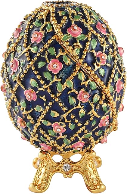 QIFU Faberge Egg Style Hand Painted Enameled Flowers Jewelry Trinket Box with Hinged Unique Gift for Home Decor