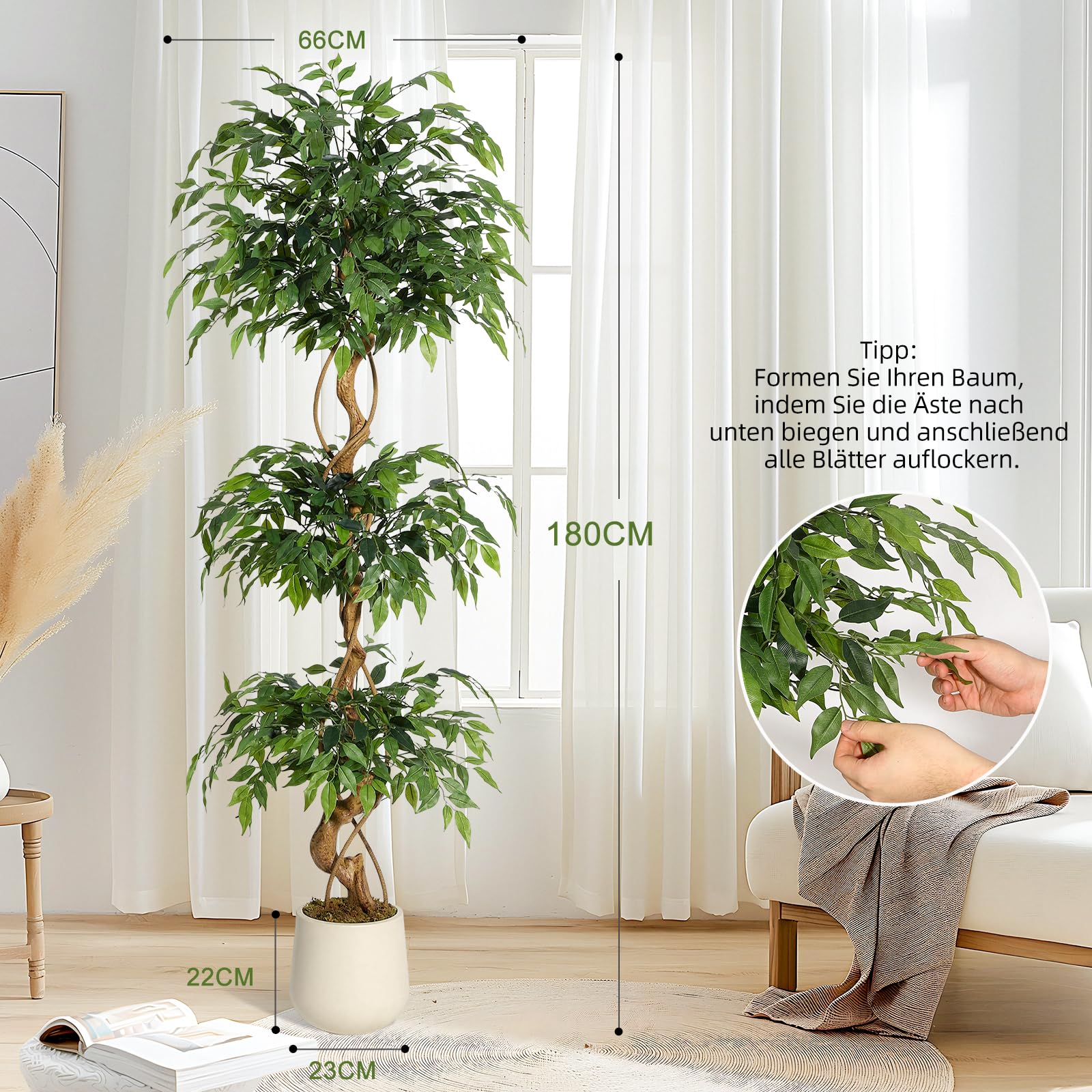 Künstliche Pflanzen 180cm Kunstpflanzen groß für Wohnzimmer | Nahtlose Steckmontage | Seidenstoffblätter | Flexibel formbare Zweige | Vormontiert im 22 x 23 cm Blumentopf