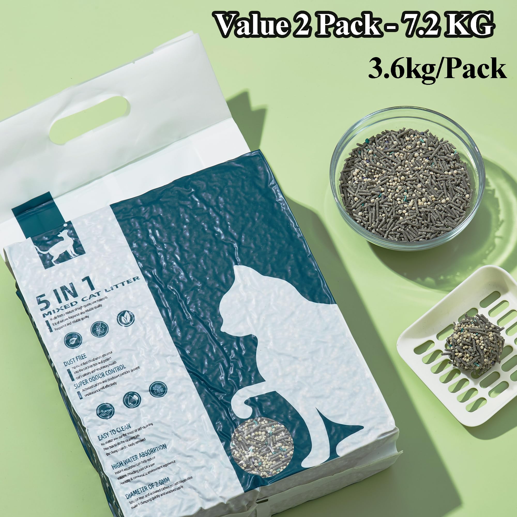 Tofu - Arena para gatos, arena para gatos, 5 en 1, arena mixta para gatos, sin perfume, sin polvo, control de olores, secado rápido, arena aglutinante para gatos (paquete de 2, 7,2 kg)