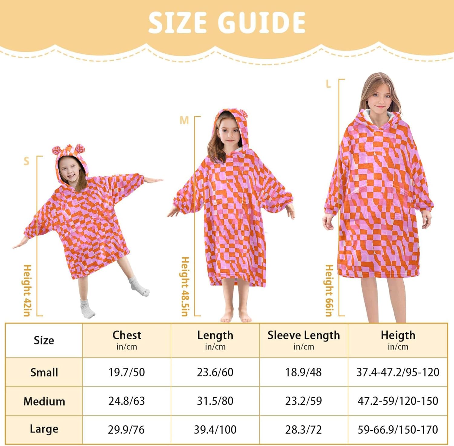 Orange Buffalo Check Plaid Kids Wearable Blanket Hoodie and Sleeves for Toddlers, Cute Hoodies Girls B0403702