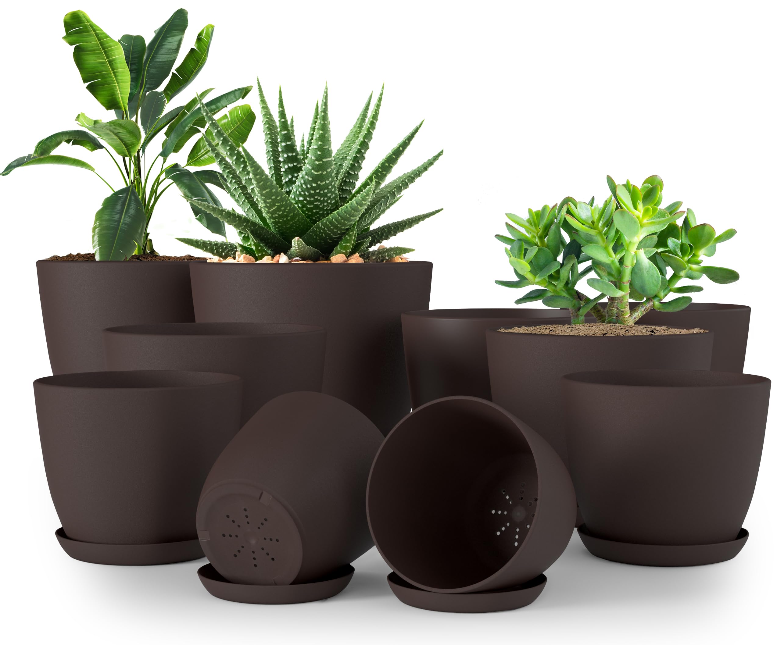Utopia Home - Plant Pots Indoor with Drainage - 7/6.6/6/5.3/4.8 Inches Home Decor Flower Pots for Indoor Planter - Pack of 10 Plastic Planters for Indoor Plants, Nursery Pots, Succulents Pot - Brown