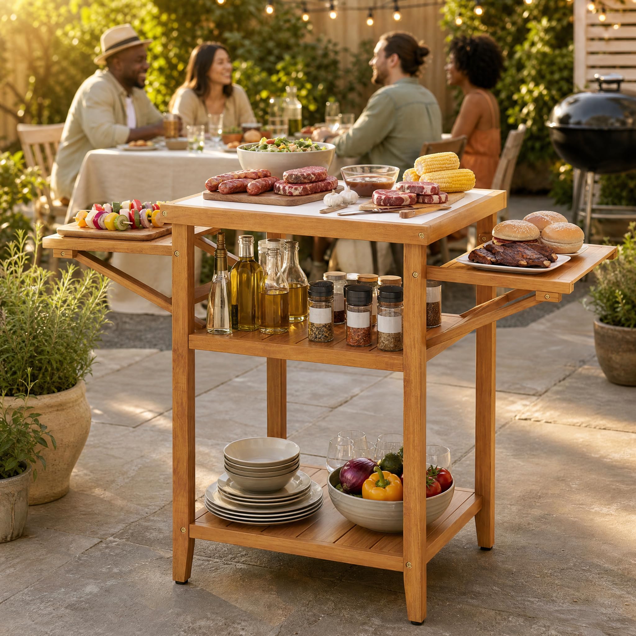 Giantex Mesa de Barbacoa de Exterior, Mesa de Parrilla de Madera de Acacia | 124,5x60x89,5cm, Mesa de Madera Acacia, Tablero con Diseño de Imitación de Mármol, Estantes de Listones, para Jardín, Terraza