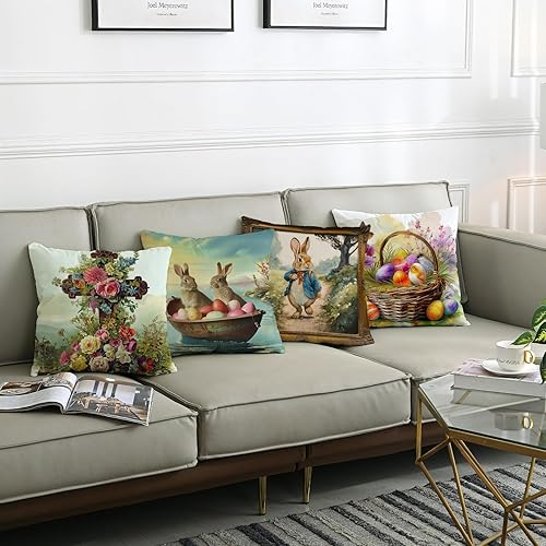 Miniatura 2 de Juego de 4 fundas de almohada de Pascua, diseño de flores de campo francés, cruz, conejo, lago, barco, caricaturas, mariposa, campo, colorido,