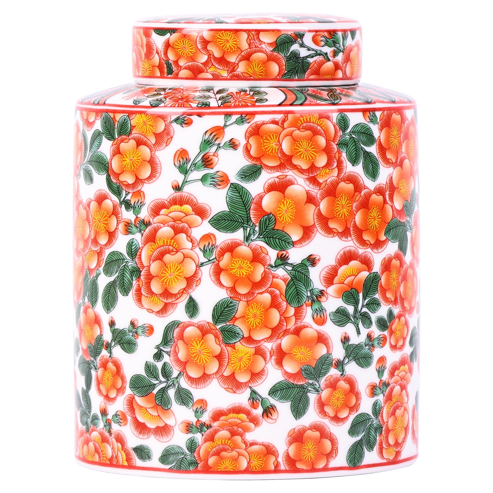 Chinoiserie Blue and White Porcelain Ginger Jar with Lid: A QING&Ming Style Chinese Jar with Traditional Design for Decorative and Storage Purposes (Floral Red)