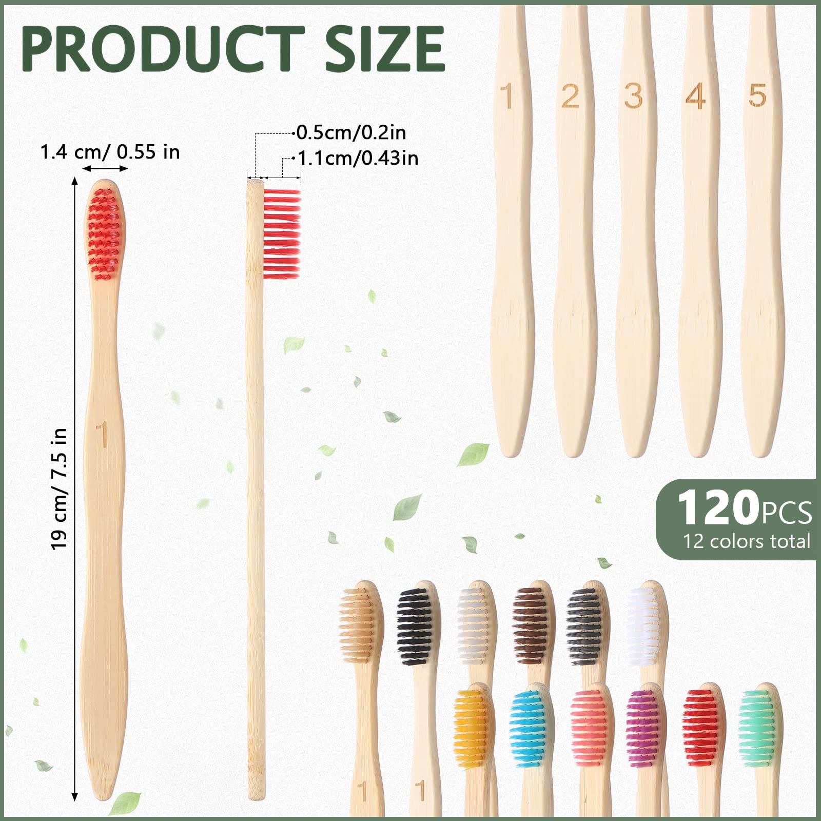120 spazzolini da denti in bambù con setole morbide, usa e getta, da viaggio, in carbone di bambù, confezionati singolarmente, per bambini, adulti, uso domestico, viaggio, 19 cm, 12 colori (numero)
