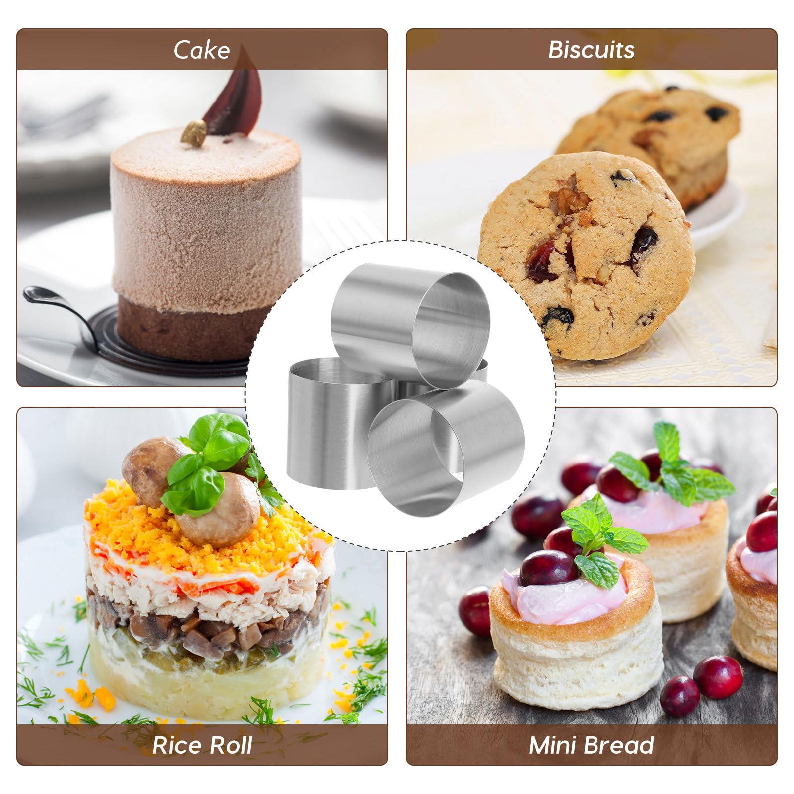 MAGICLULU Moules à Pâtisserie Ronds Réutilisables et Faciles à Démouler Lot de 8 en Acier Inoxydable Argenté pour Gâteau Mousse et Dessert Délicat
