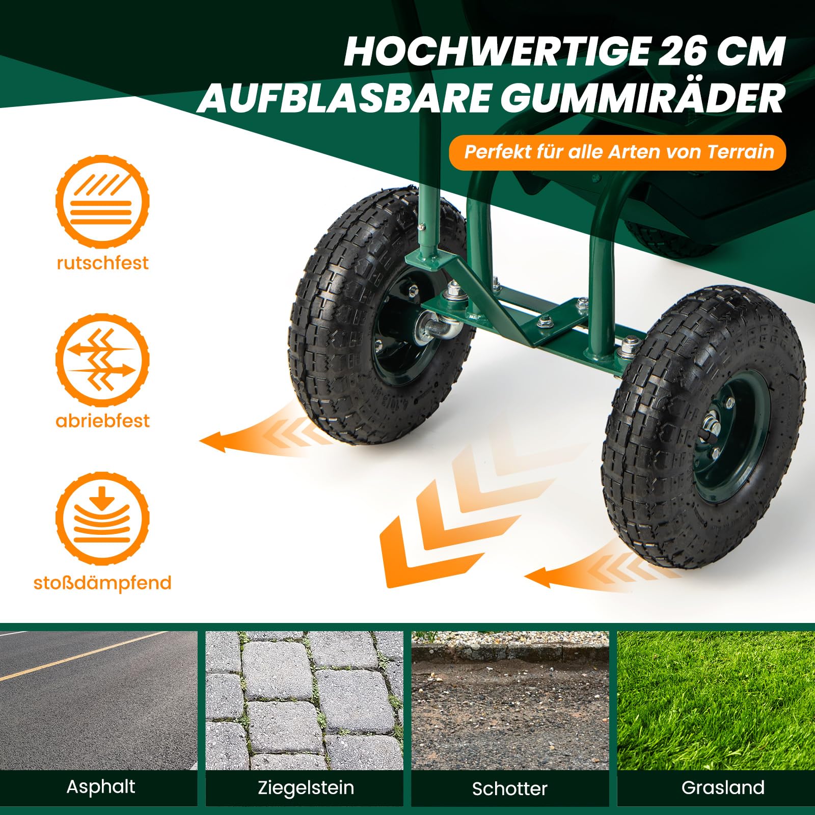 COSTWAY Rollsitz mit Rollen, 360 ° drehbar | höhenverstellbar, mobiler Gartensitz mit Lenkgriff & Korb & Ablage & Sitzkissen, Gartenhocker bis 150 kg, Gartenrollsitz Metall für Gartenarbeit, Grün