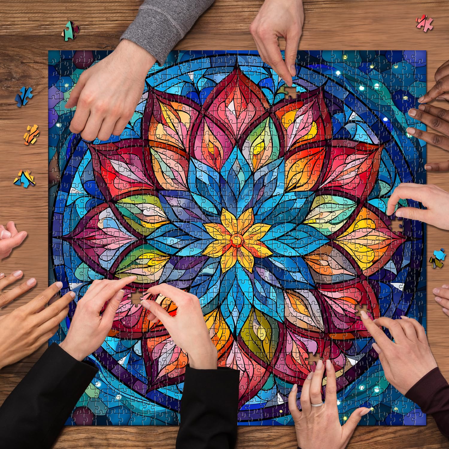PICKFORU Buntglas-Puzzle 1000 Teile, Rundes Blumen-Katzen-Motiv, 68x68 Cm, Für Erwachsene