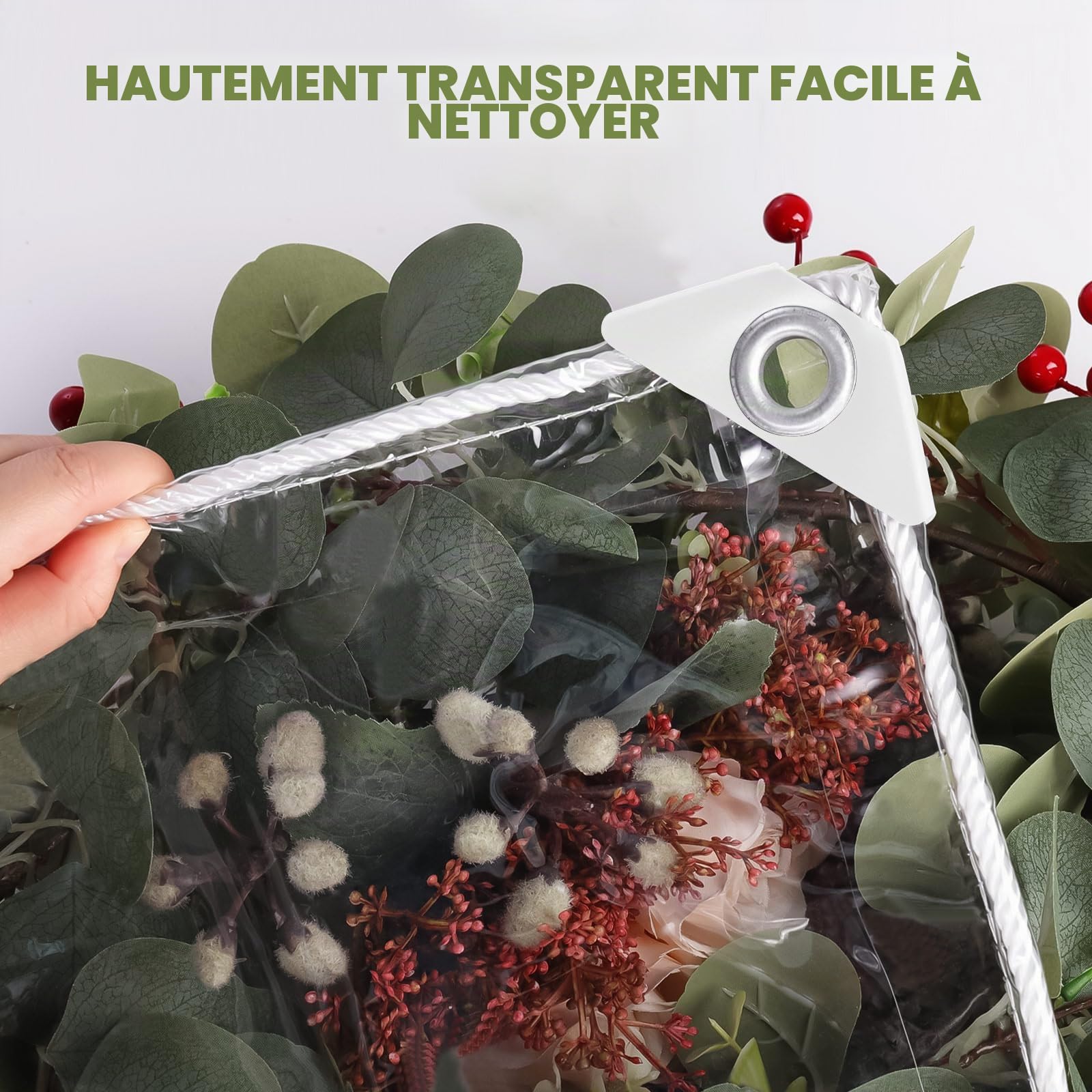 Bâche Transparente avec œillets, en PVC, 420 g/m², avec 20 Serre-câbles, 10 m de Corde de Fixation, 12 Bandes élastiques avec Boules, 8 Crochets élastiques (2 m x 3 m, Crochets)