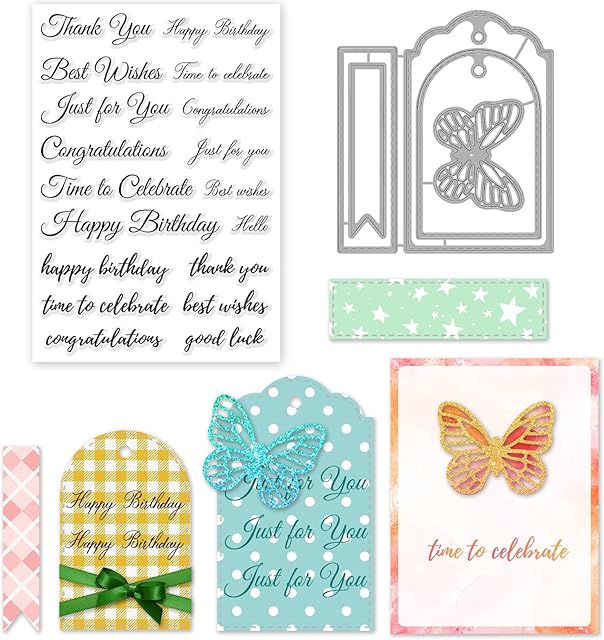 INFUNLY Blessing Word Clear Stamps for Card Making Label Tag Cutting Die Butterfly Die Cut Happy Birthday Word Clear Stamps for DIY Craft Scrapbooking Easter Greeting Card Decor