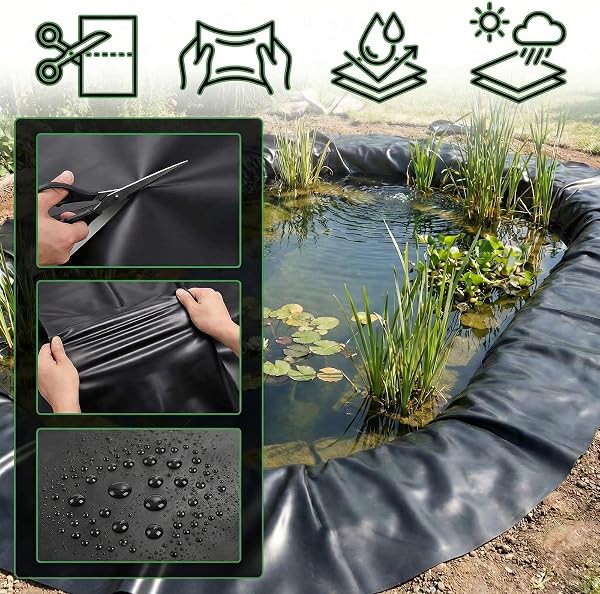 mawmuaw Pond Liner 2x2 m, HDPE Heavy Duty Pond Liners Waterproof Flexible Lining Preformed Garden 0.1mm Thick Pool Membrane Black for Gardens Fish Ponds Landscaping Waterfall Fountain Greenhouse Film - 5