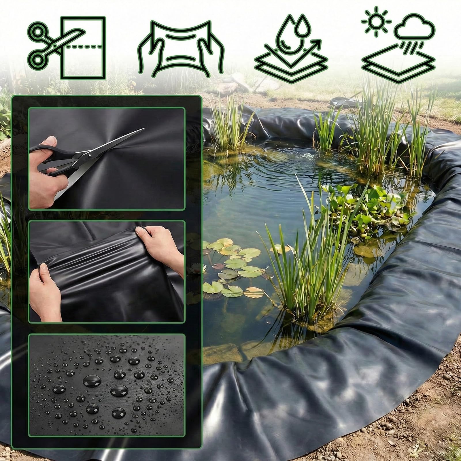 Folia uszczelniająca do stawu 2 x 3 m, HDPE, grubość 0,2 mm, elastyczna membrana stawu, czarna, do stawu, ogrodu, stawu rybnego, wodospadu, fontanny