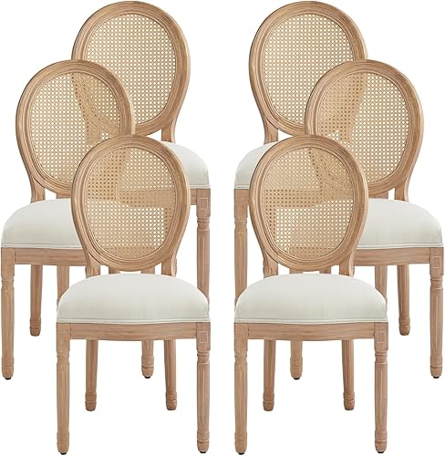 Miniatura 40 de Nrizc - Juego de 4 sillas de comedor de estilo francés rústico, sillas de tela de granja con respaldo redondo, silla de comedor de ratán, sillas