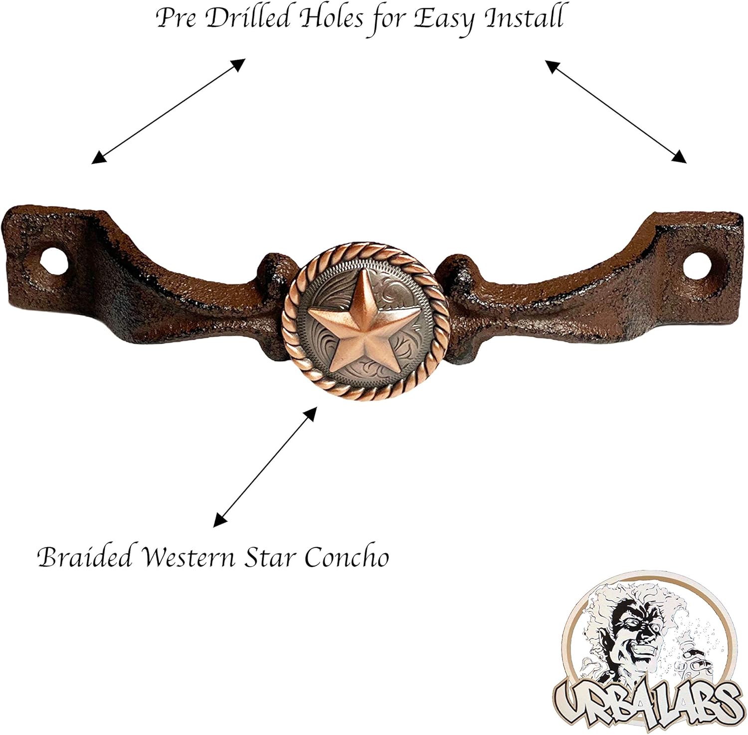 Urbalabs Cast Iron Concho Kitchen Cabinet Handles & Drawer Pulls – Set of 5 – Rustic Western Farmhouse Hardware (5, Braided Bronze Star)