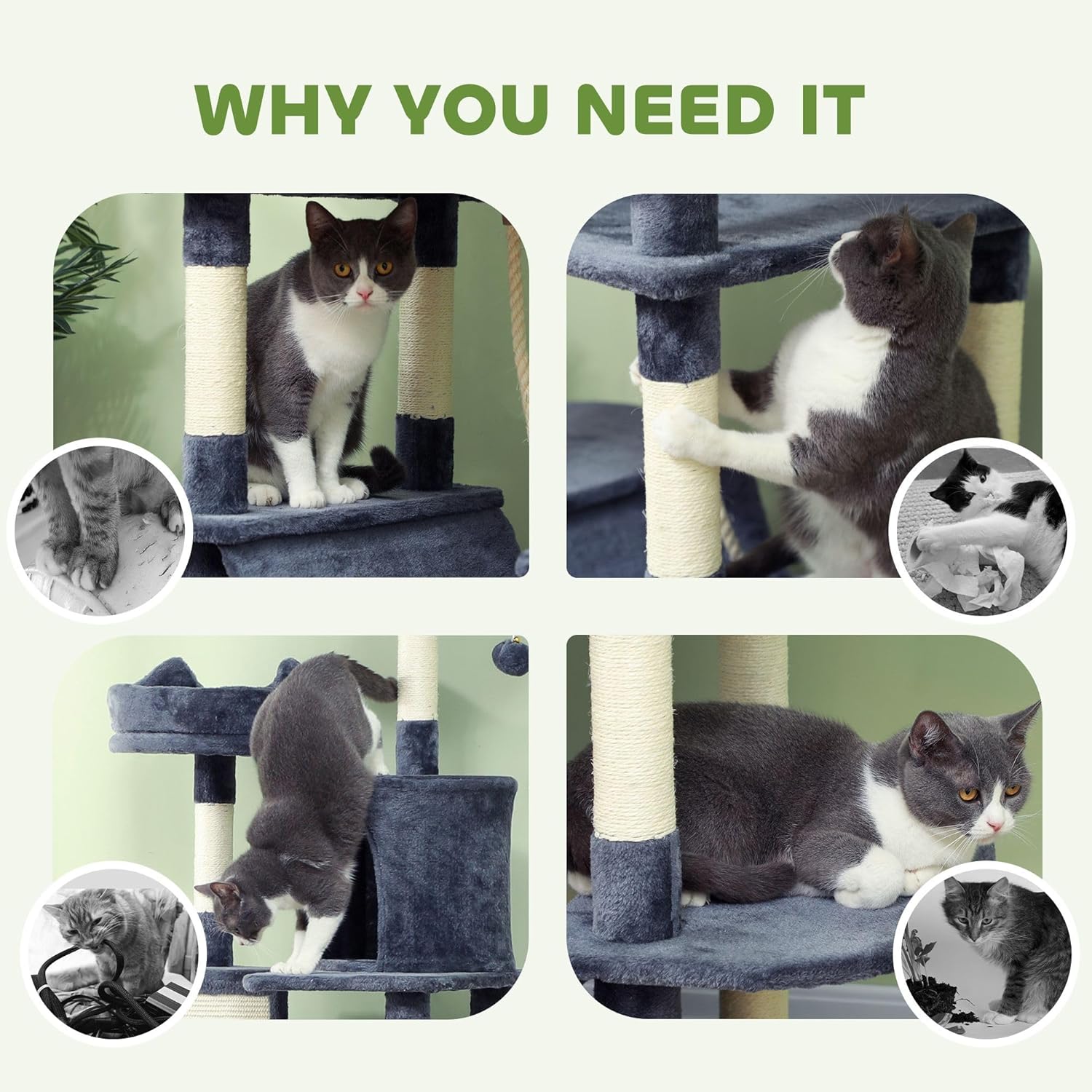 Large Cat Tree for Cats (1-3 Cats, Up to 12 lbs) - Spacious Cat Tower with Scratching Posts, Hammocks & Condos