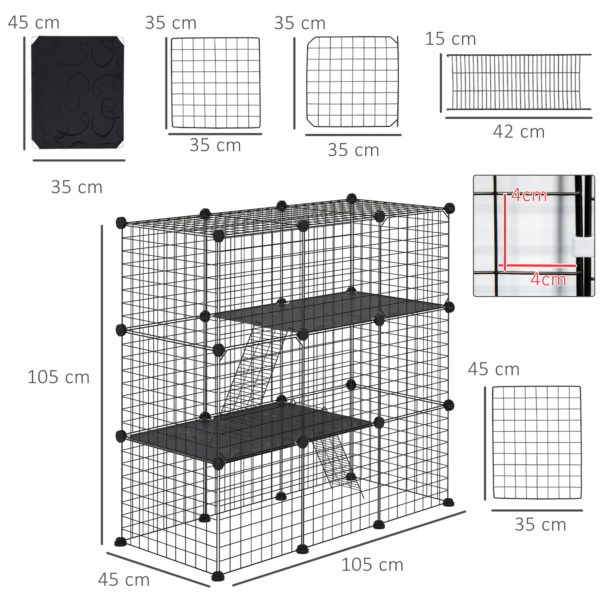 PawHut Jaula para Animales Pequeños de 31 Paneles Parque para Mascotas en Bricolaje con Rampa Corralito para Gatitos Conejos Chinchillas 105x45x105 cm Negro