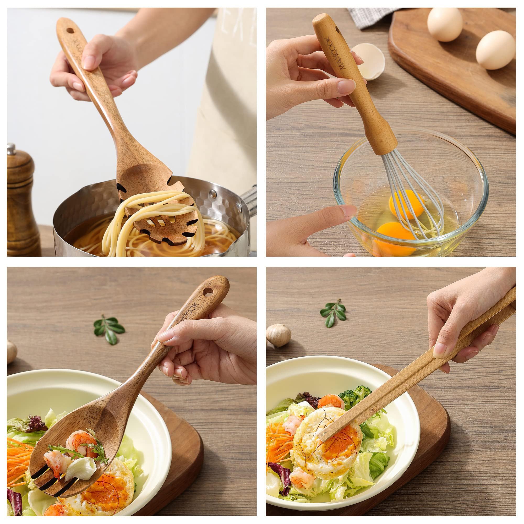 Holzlöffel zum Kochen, 8-teiliges Teakholz-Küchenutensilien-Set, natürliches Akazienholz, antihaftbeschichtet, Pfannenwender, Kochlöffel, leicht, praktisch, einfach zu waschen, Kochutensilien