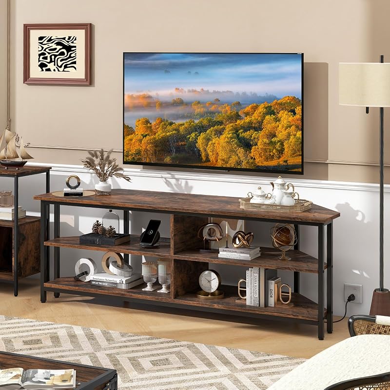 Tangkula Corner TV Stand for TVs up to 65”, TV Console Table w/AC Outlets, USB A Ports, USB C Port, Metal Frame & Storage Shelves, 55” Media Entertainment Center for Living Room (Rustic Brown, 55" L) image 2