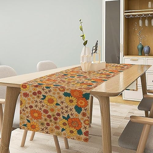 Miniatura 28 de Camino de Mesa Floral Retro de los Años 70, Bohemio Flores Abstractas Amarillas y Naranjas Groovy Camino de Mesa para Granja de Campo Cocina Comedor