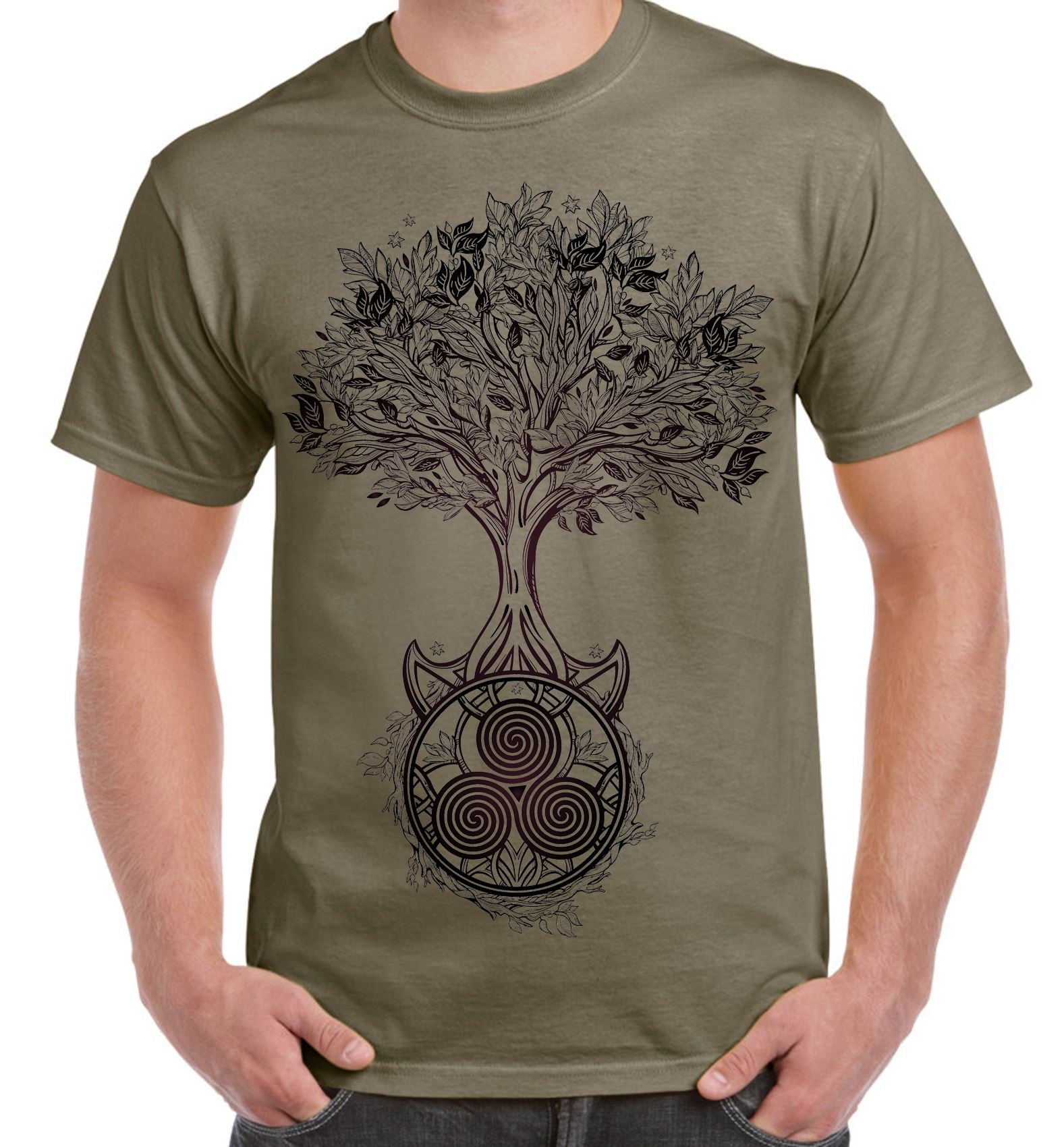 Celtic Spiral Tree of Life Large Print Men's T-Shirt (XL, Khaki)