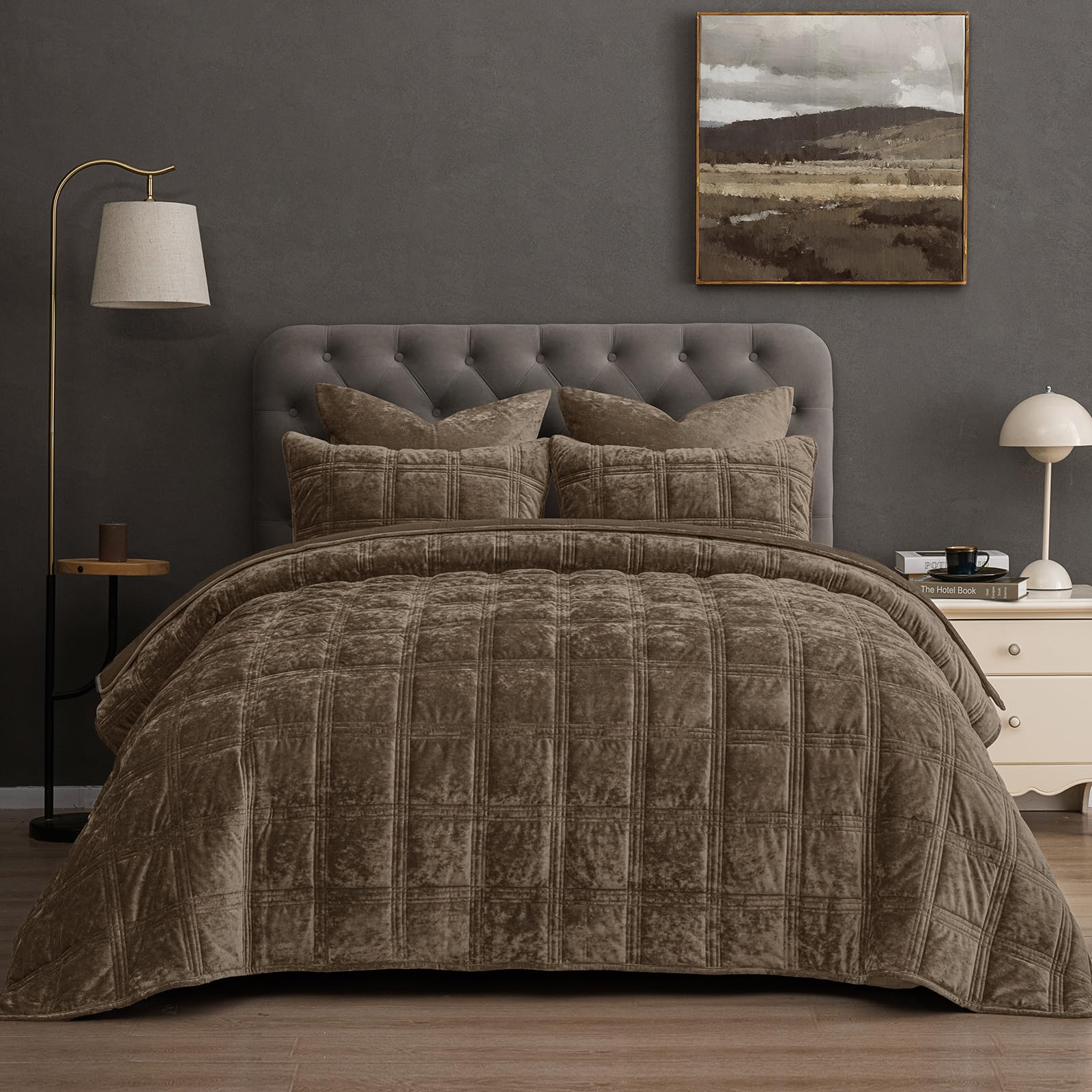 PHF Ultra Soft Velvet Quilt Set King Size - 3PCS Luxurious Cozy Quilted Comforter Alternative with Diamond Pattern, Warm Quilted Bedspread Coverlet, 108" x 92", Cub