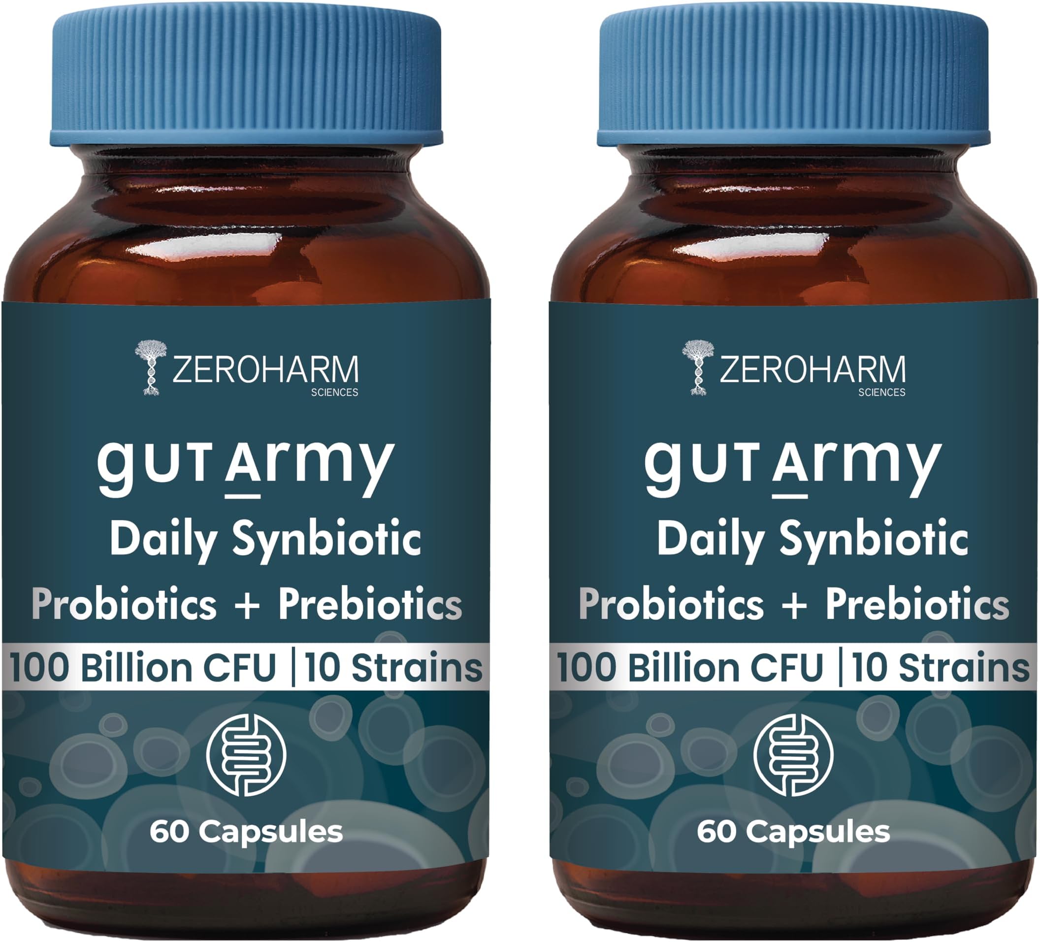 Gut Army Prebiotics & Probiotics - 10 Unique Strains Blend -100 Billion CFU - With Inulin & Probiotics Blend - Supports Gut Digestion Health & Bowel Movement - 60 Capsules (2 Pack)
