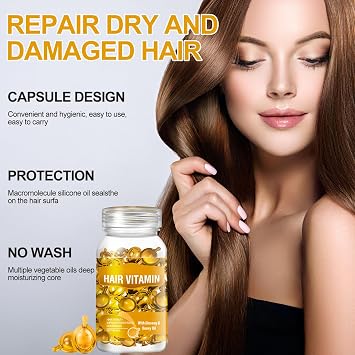 Hair Vitamin Serum Capsule Hair Vitamin Oil 30 Capsules/Bottle Moisturising Anti-Frizz Repair of Hair Damage Essential Hair Oil for Healthy Hair Growth (Orange Colour)