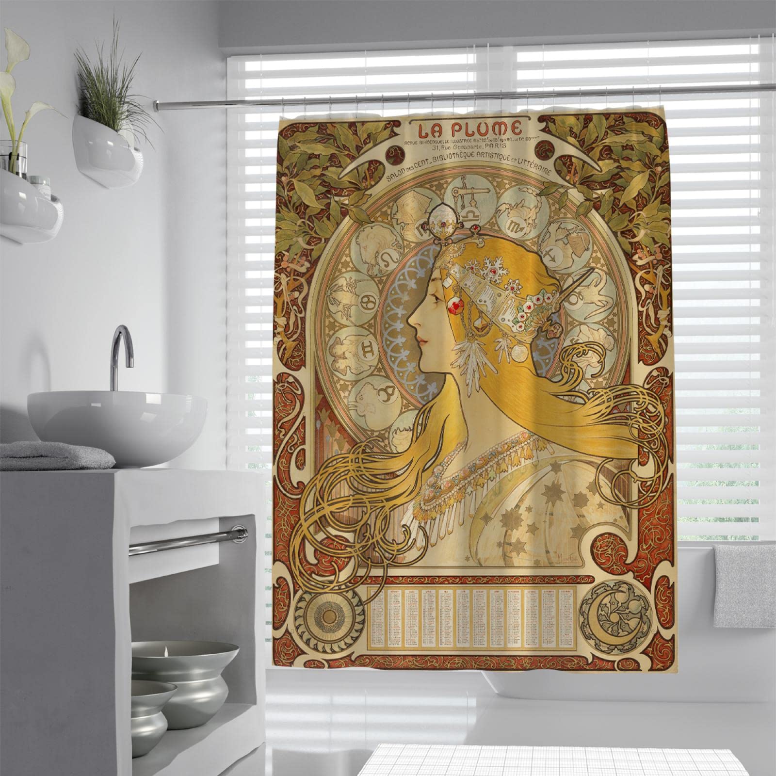 Rideau de Douche de Style Baroque Zodiac célèbre Peinture Impression Rideau de Salle de Bain pour baignoires Cabine de Douche avec Crochets en Forme de C étanche W180xL200(cm)