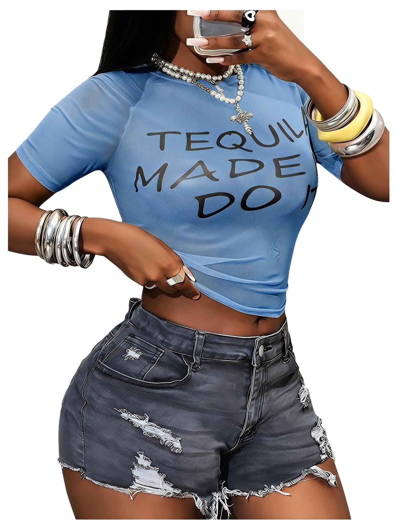 RoseSeek Women's Y2k Sheer Mesh Letter Graphic Short Sleeve Crop Tops Tees Crew Neck, See Through, Going Out Tops, Summer, Vintage, Rave, Concert Party Outfits, Club