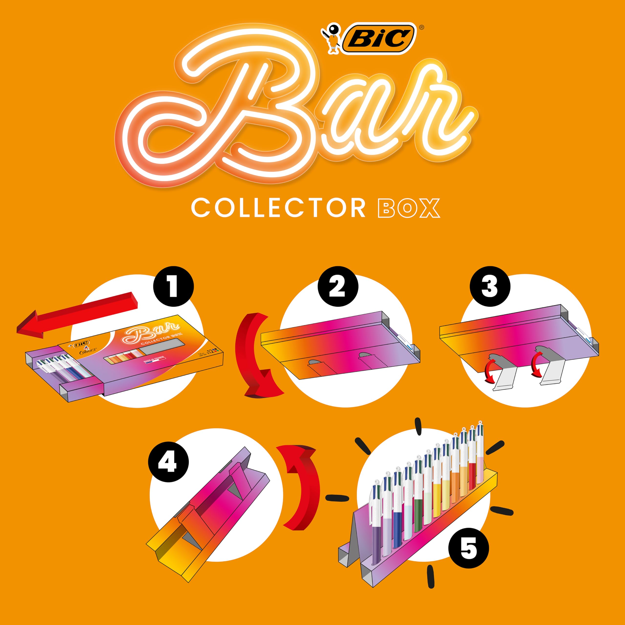 BIC 4 Couleurs Le Bar à Couleurs Stylos-Bille Rétractables à Pointe Moyenne (1,0 mm) Corps Uni - Couleurs Assorties, Coffret de 12