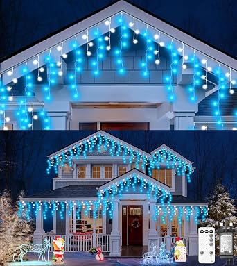 ULIGHTOWN Icicle Outdoor Christmas Lights, 5M 120LED Icicle Lights Outdoor Waterproof, Remote/8 Modes/3 Timer Fairy Lights Plug in for Home/Window/Party/Indoor Decor Blue White [Energy Class G]