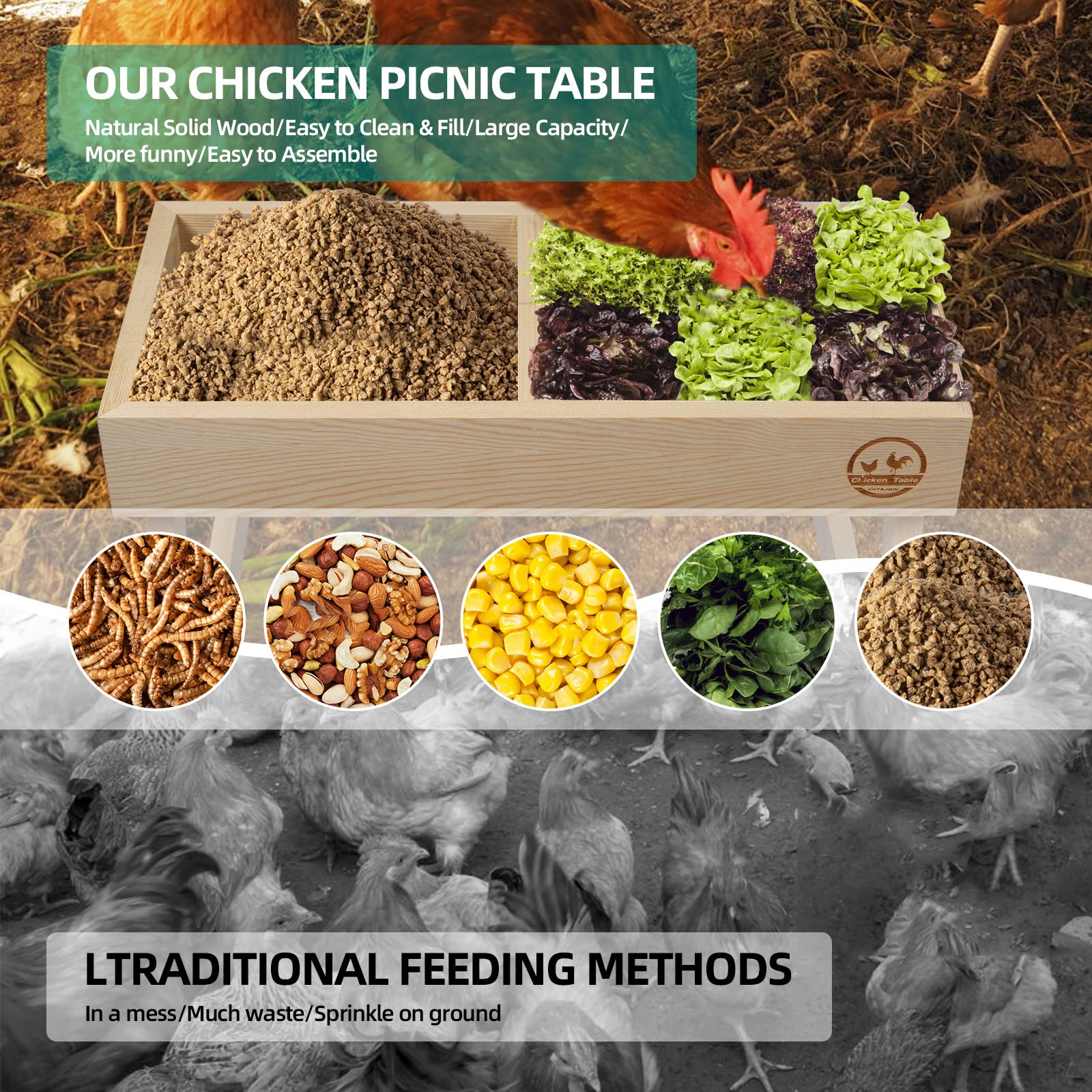 Mesa de picnic para pollo, sin residuos, comedero grande hecho a mano de madera, kit de comedero de mesa de pollo, comedero de pájaros salvajes, patos y ardillas, sin ensuciar, parte inferior de malla