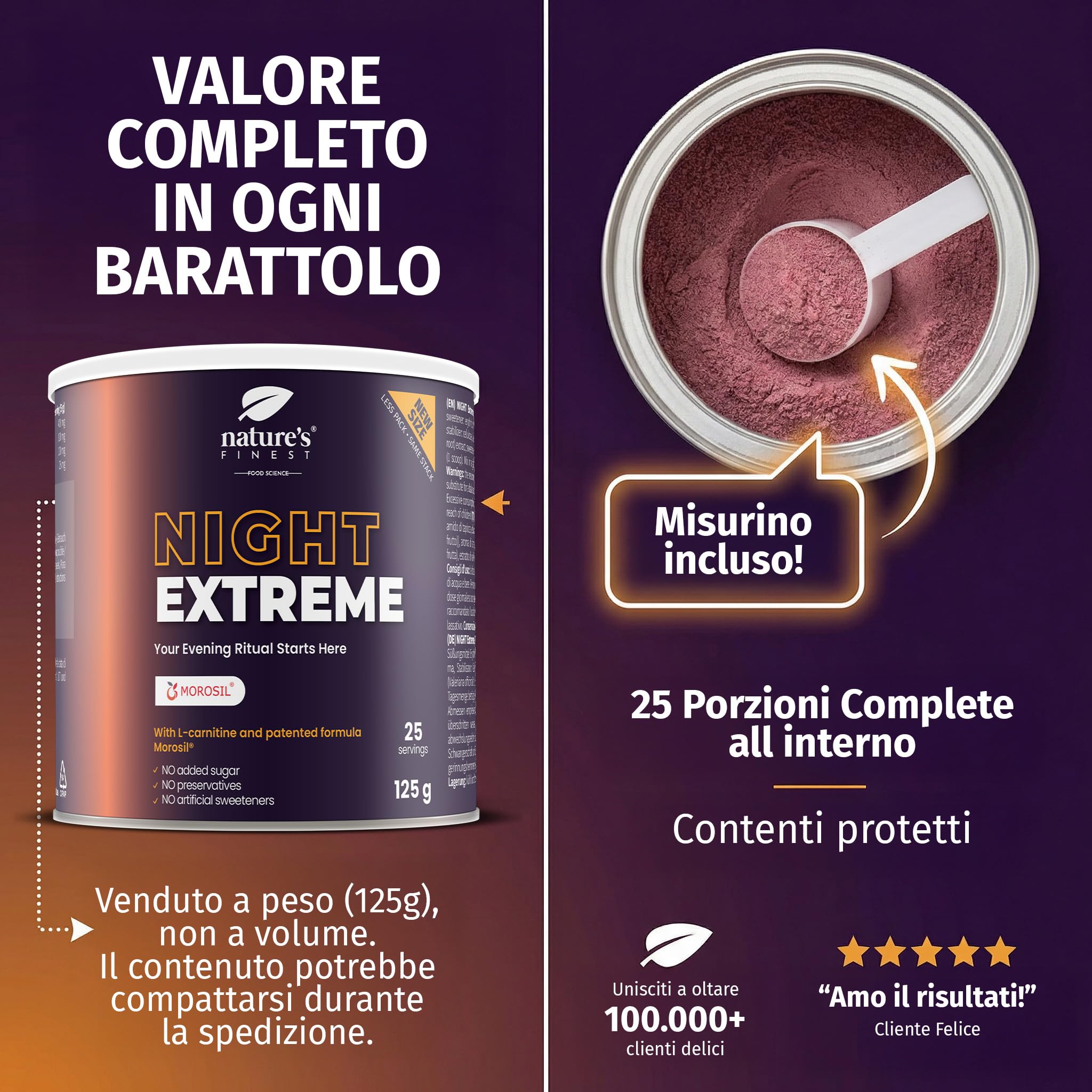 Nature’s Finest Night Burn Extreme - Bevanda Serale in Polvere con Morosil Arancia Rossa, Valeriana ed Estratto di Vite Rosso - 125g, Formula Vegana Senza Glutine