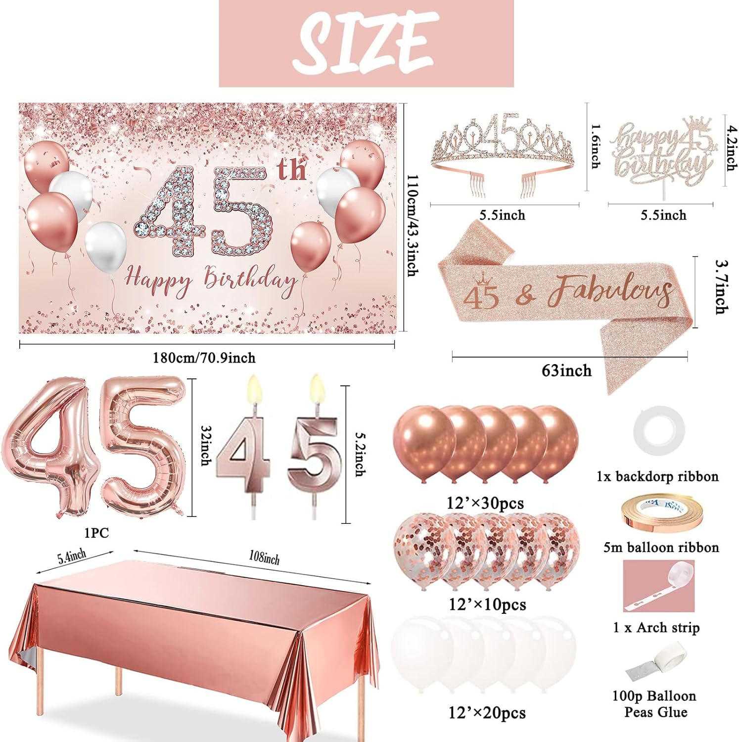 Trgowaul 45th Birthday Decorations Balloon Set Women Arch, Rose Gold 45th Birthday Banner and Party Tablecloth, Belt and Tiara, Pink Gold 45th Balloon, Cake Topper, Latex Balloon * 60