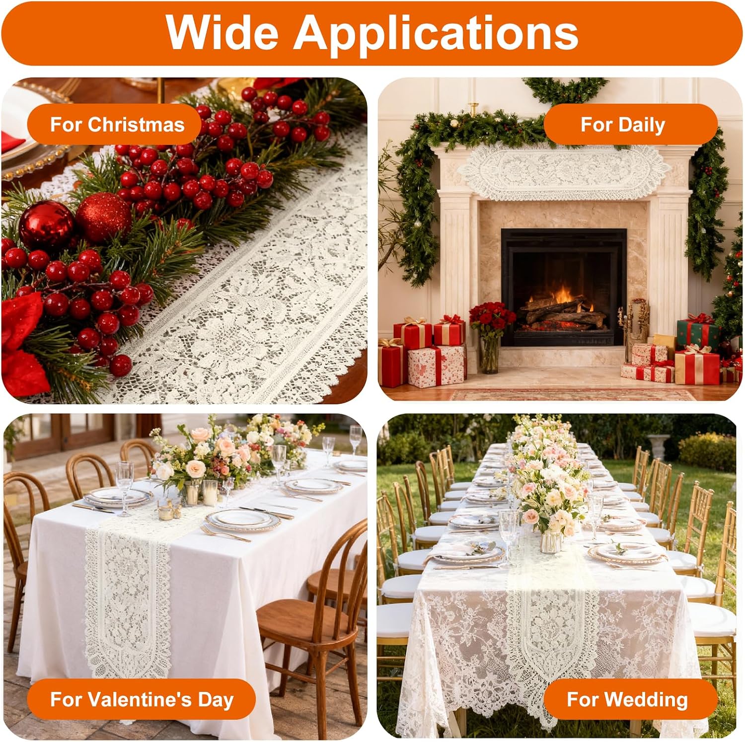 Lace Crochet Rectangular Table Runner, 2pcs Boho Doilies 45*13.38 Table Dresser Scarf Décor Vintage Tablemats for Wedding Party Home Dining Runner Decorations(Beige)