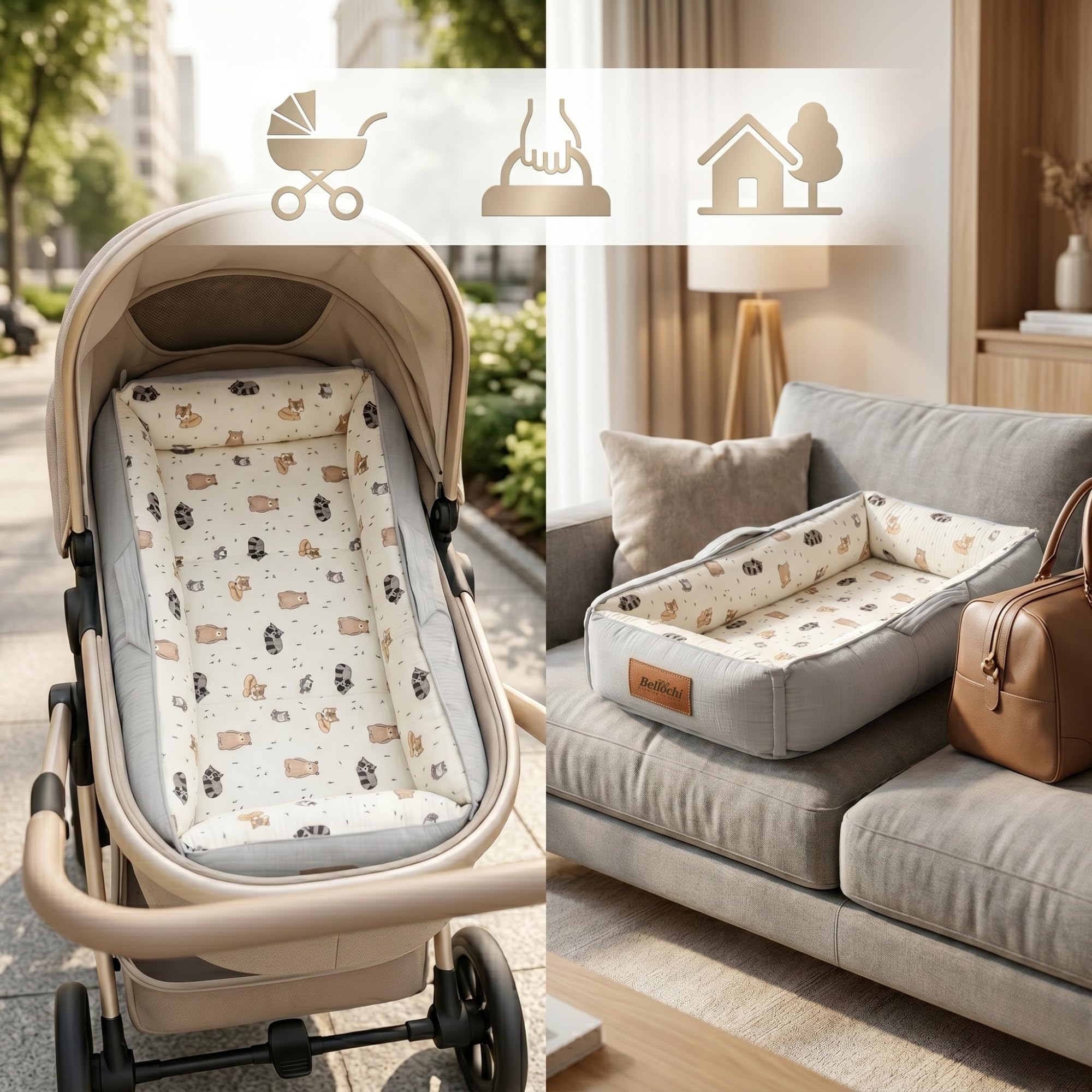 Bellochi Hush Baby Nest Cocoon - Tumbona para recién nacido con cierres magnéticos silenciosos para un descanso tranquilo, algodón hipoalergénico de alta calidad, tapete multifuncional para el tiempo